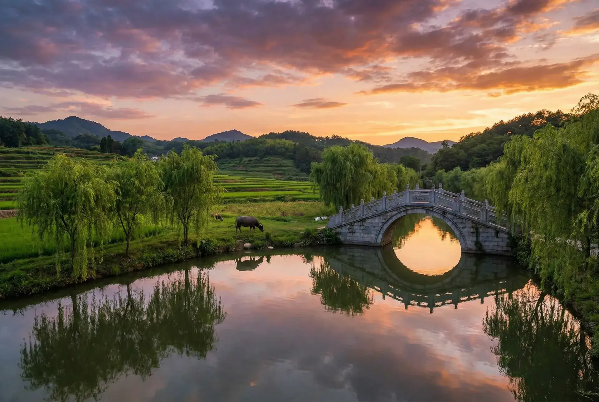 夕阳下的石拱桥与垂柳，水牛在河边吃草 - 狄仁杰第五部 乡村美景
